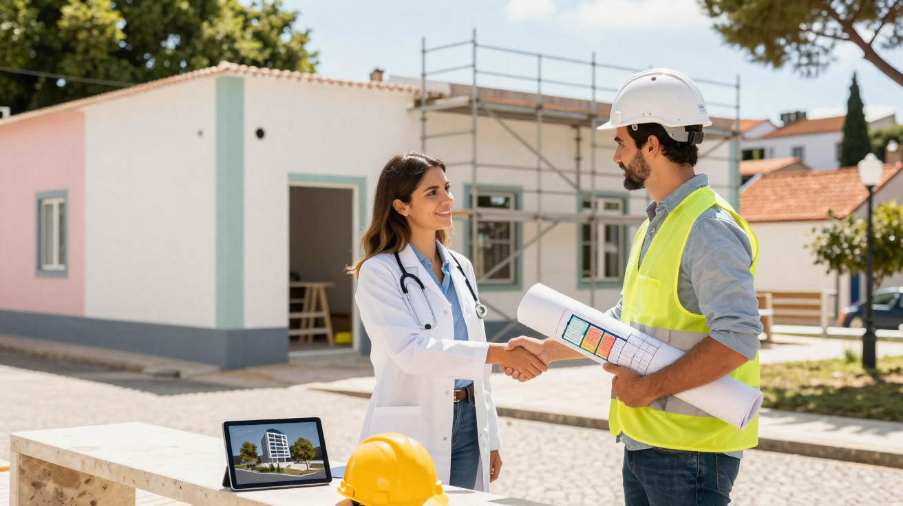 Male construction worker and female doctor shaking hands outside house under renovation.