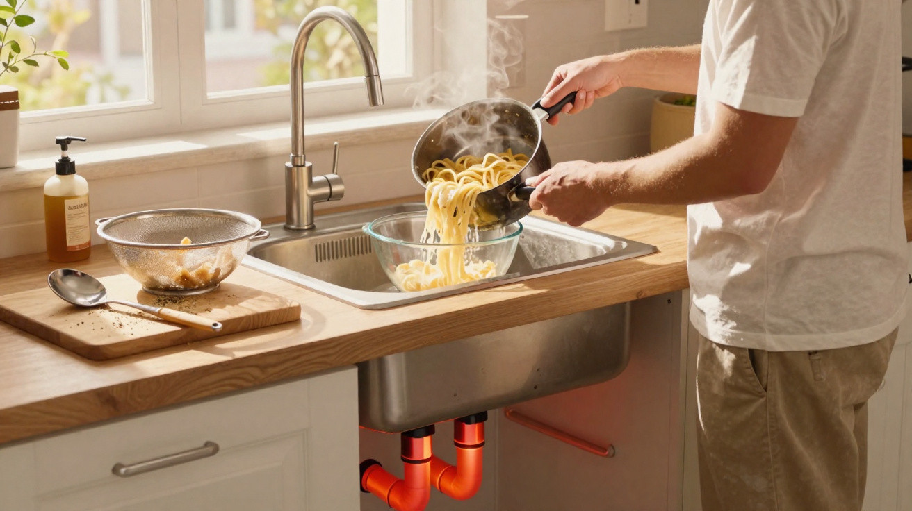 Person draining steaming pasta into a glass bowl over a kitchen sink with wooden countertop and window.