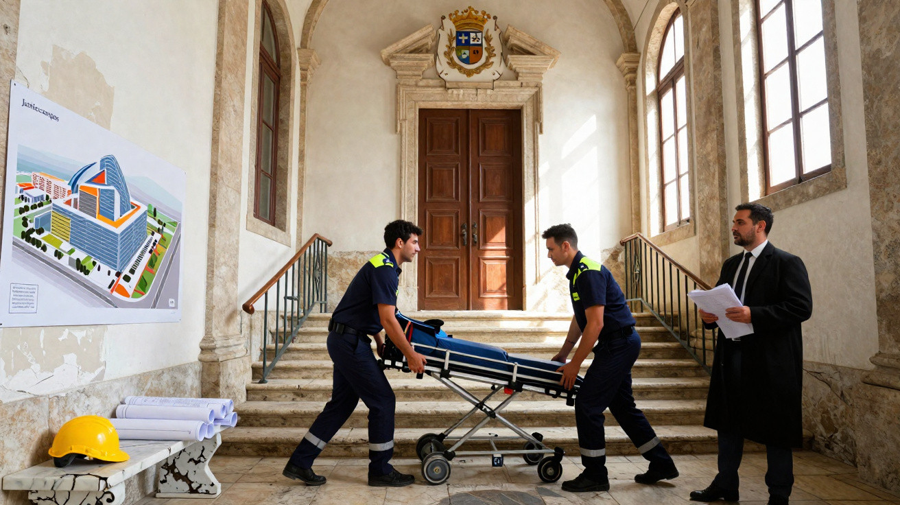 Two men in uniforms carry an empty stretcher in a grand building hallway, overseen by a man in a suit.