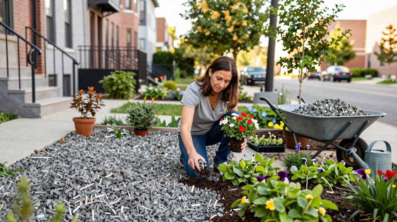 Woman planting flowers in a garden bed next to a gravelled area in a residential neighbourhood.