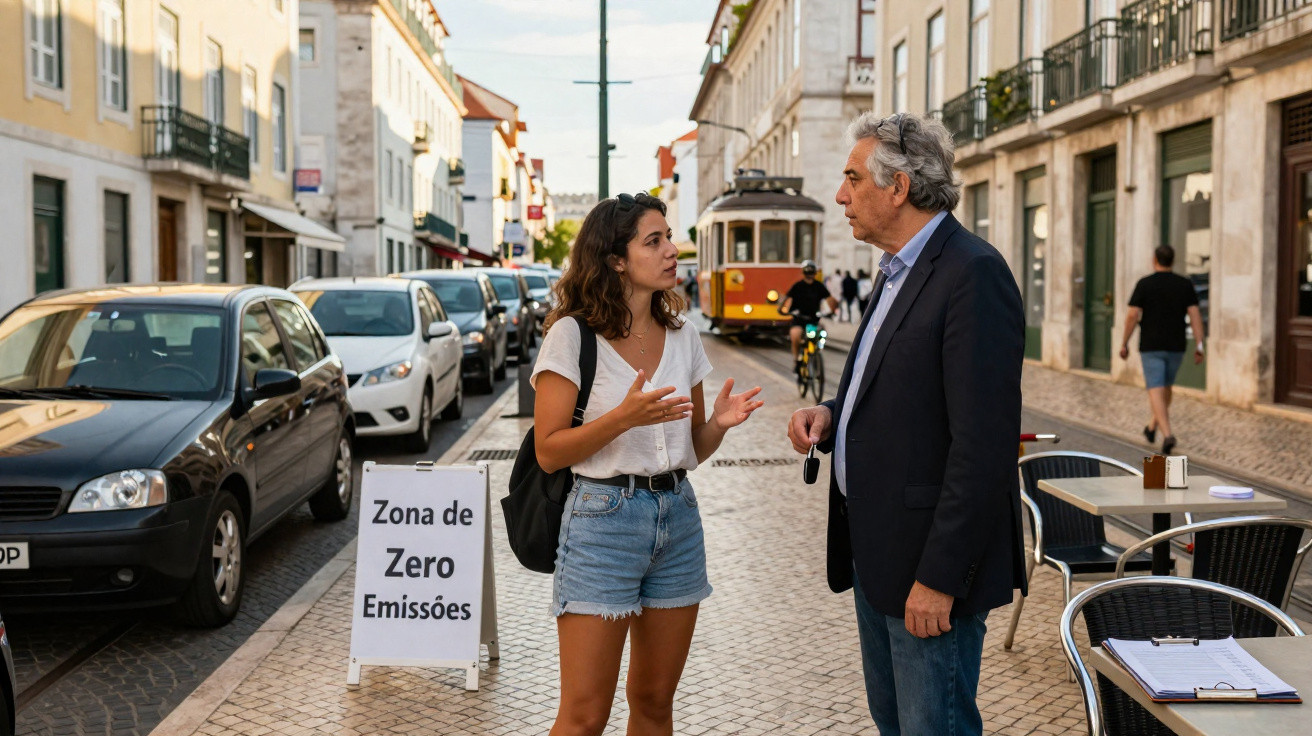 Two people talking on a street with a tram and cars, next to a sign reading Zona de Zero Emissões.