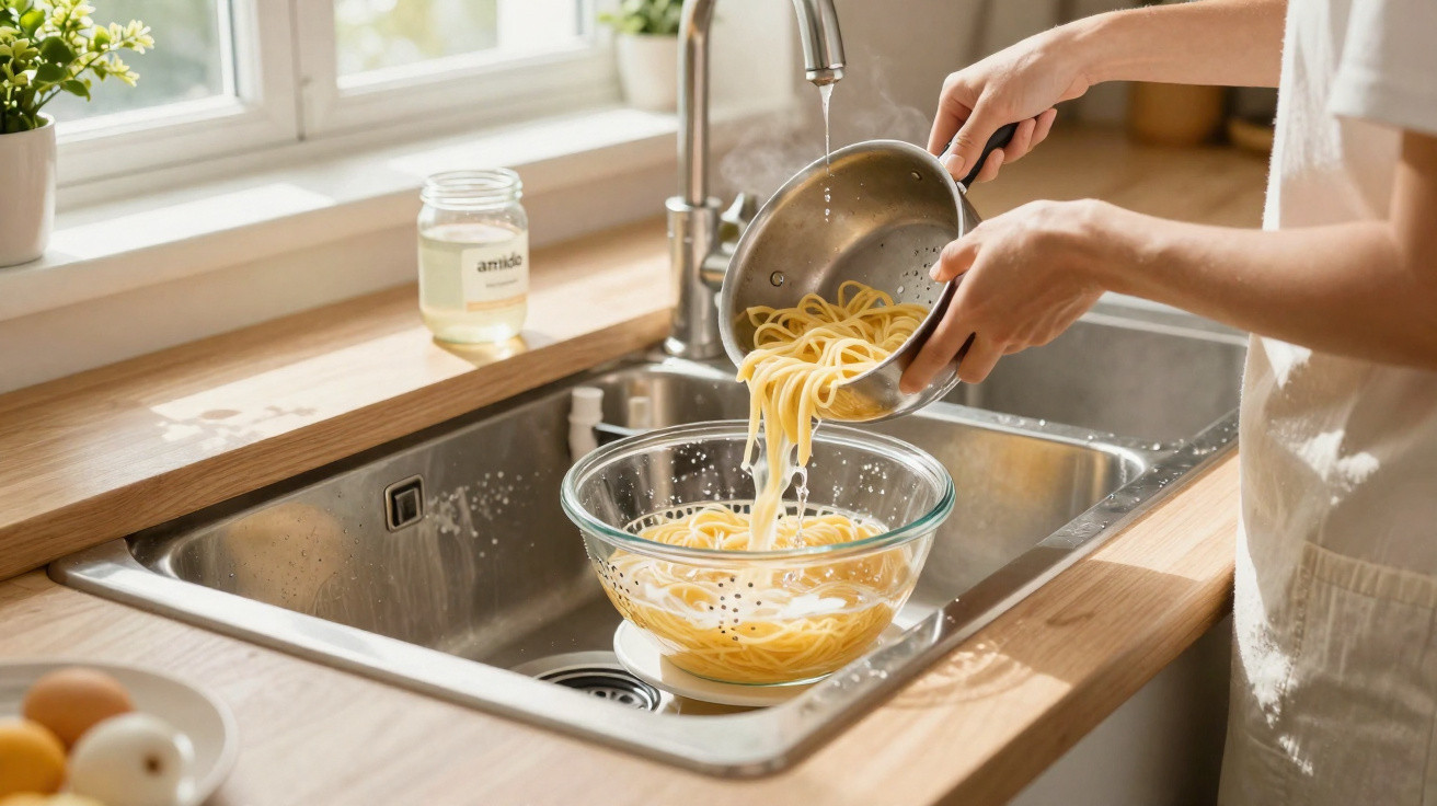Person draining cooked spaghetti into a glass colander over a stainless steel kitchen sink by a window.