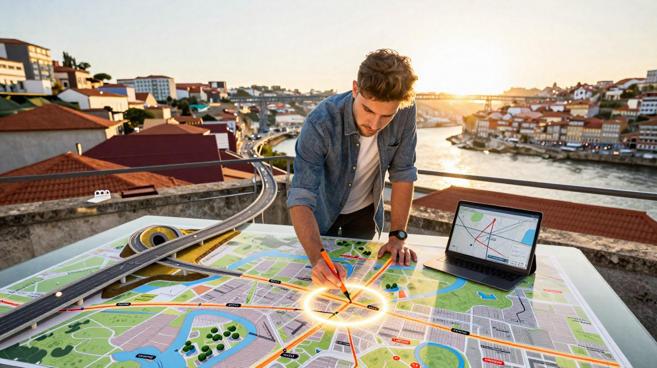 Man analyzing a large city map with laptop by river at sunset on rooftop terrace.