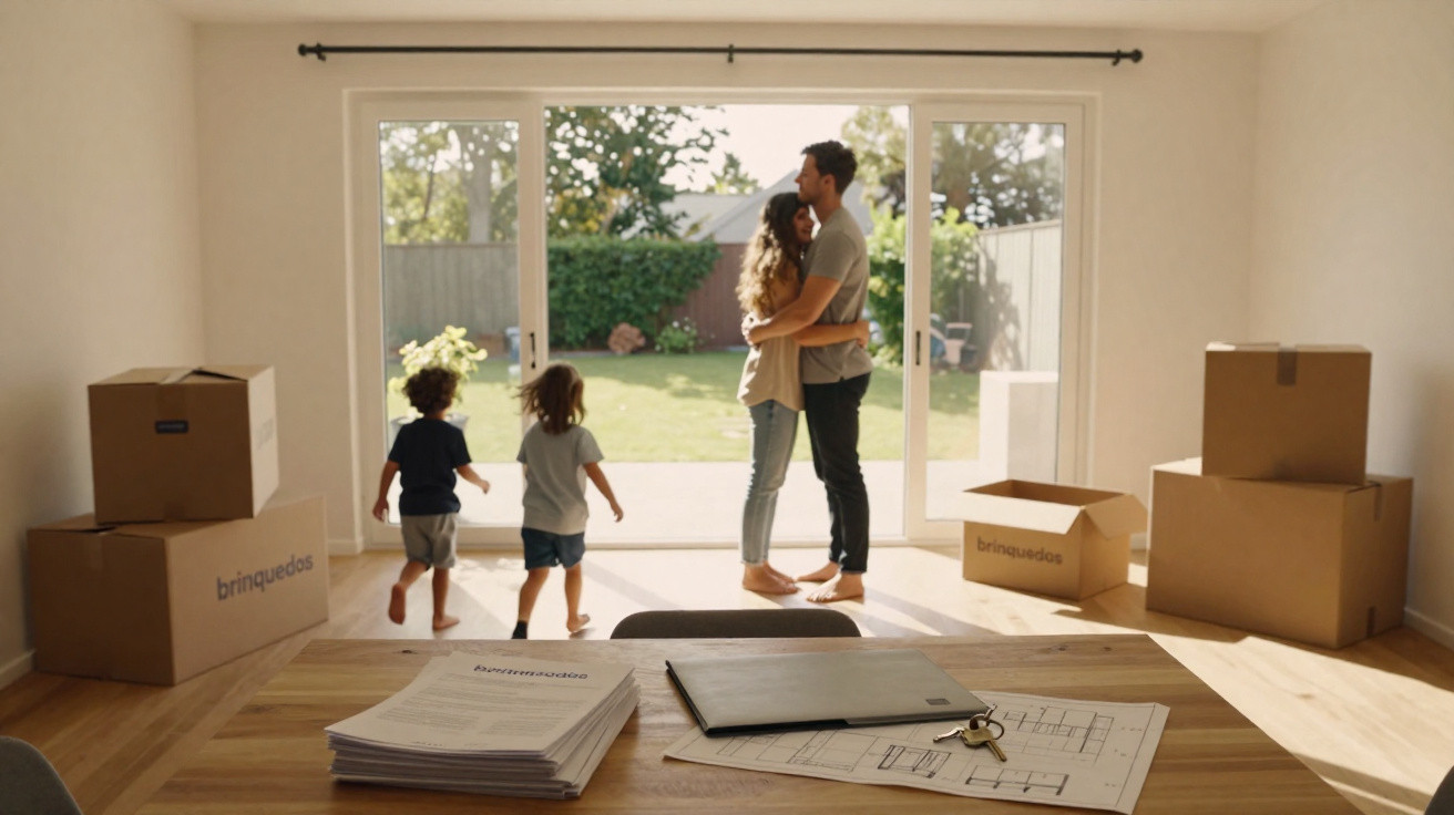 Young family with two children embracing in a new home surrounded by moving boxes and plans on a table.