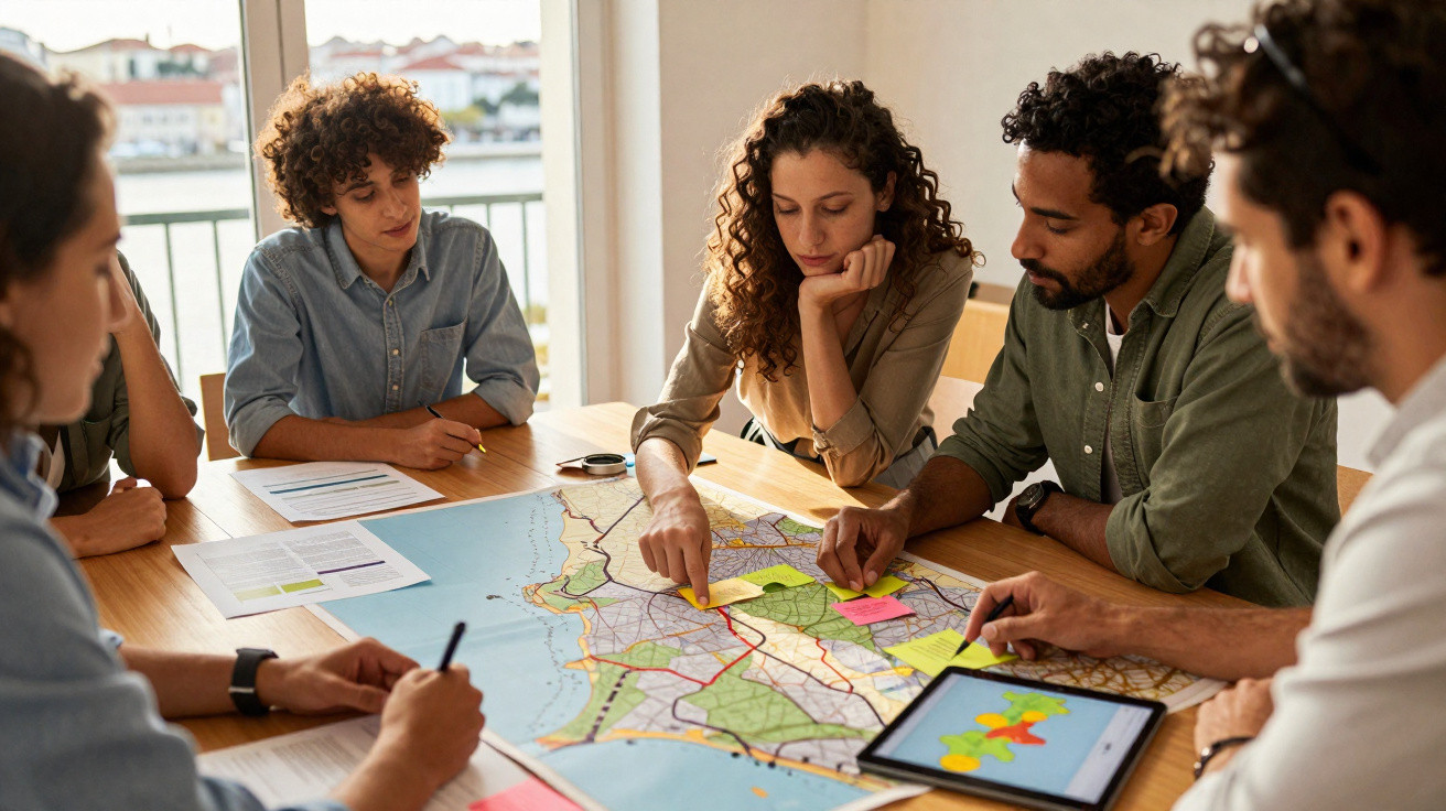 A group of five people gathered around a table studying a large map with notes and a tablet.