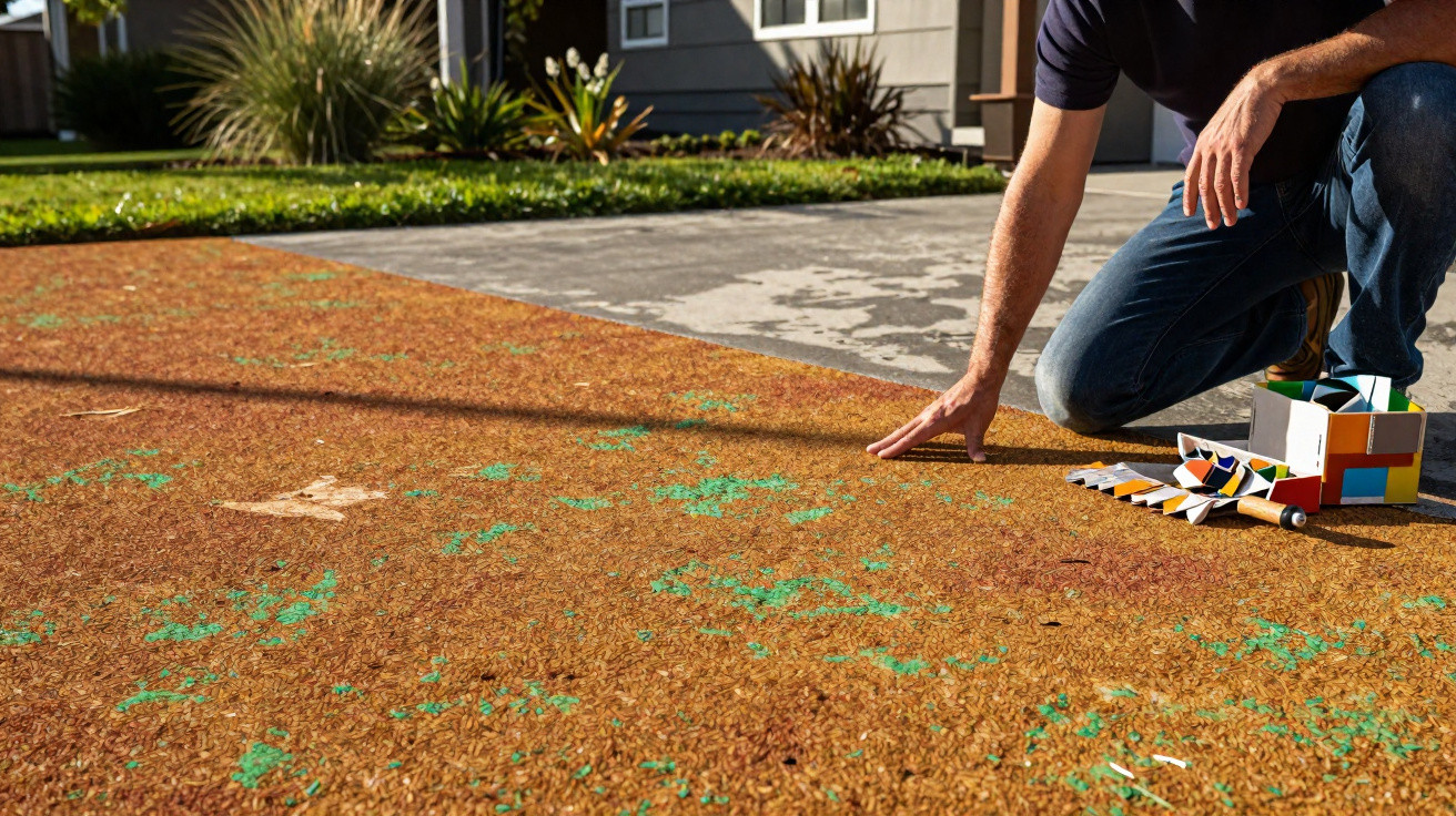 Person kneeling outdoors examining a rust-coloured surface with green and white patches near a house.