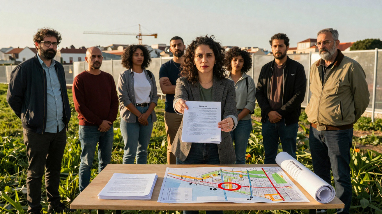Group of eight diverse people outdoors, one woman holding a document over a table with maps and papers.