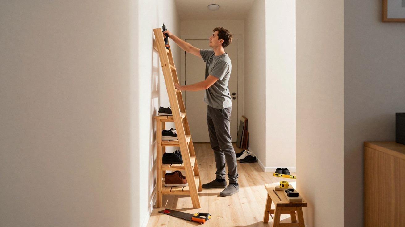 Man assembling wooden ladder-style shelf in a bright hallway with tools on the floor and nearby stool.