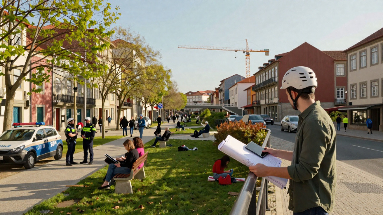 People study and relax outdoors on a sunny day in an urban park with police officers and a cyclist nearby.