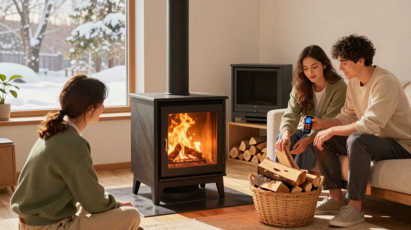 Three people enjoying warmth near a wood-burning stove in a cosy living room with snowy windows outside.