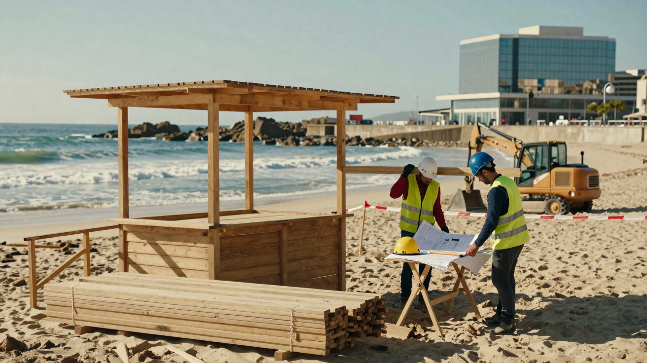 Two construction workers in safety vests and helmets reviewing plans next to wooden structures on a sandy beach.