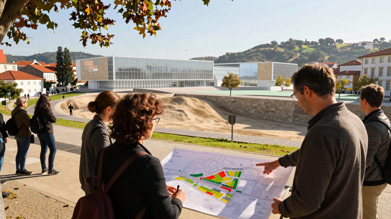 Group of people outdoors reviewing an architectural site plan with modern buildings and hills in the background.