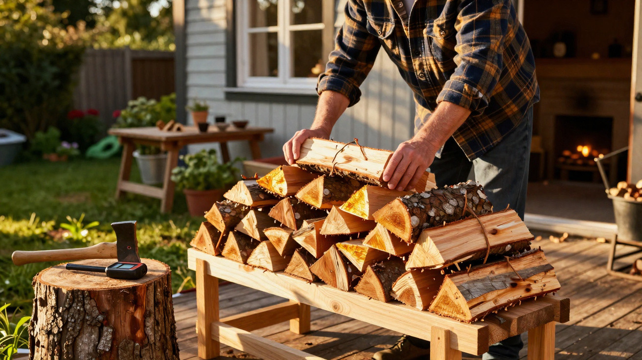 Person stacking neatly cut firewood on a wooden rack outside a house at sunset.