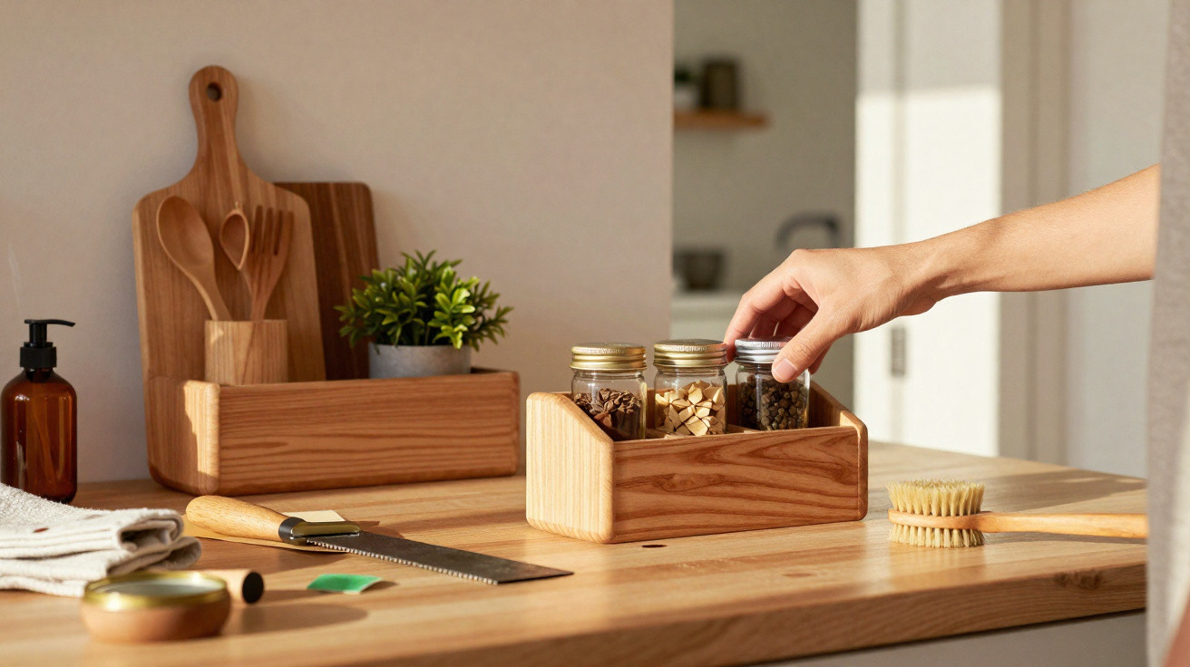 Hand placing jar in wooden box with kitchen utensils, knife, brush, cloth, and soap on wooden counter.
