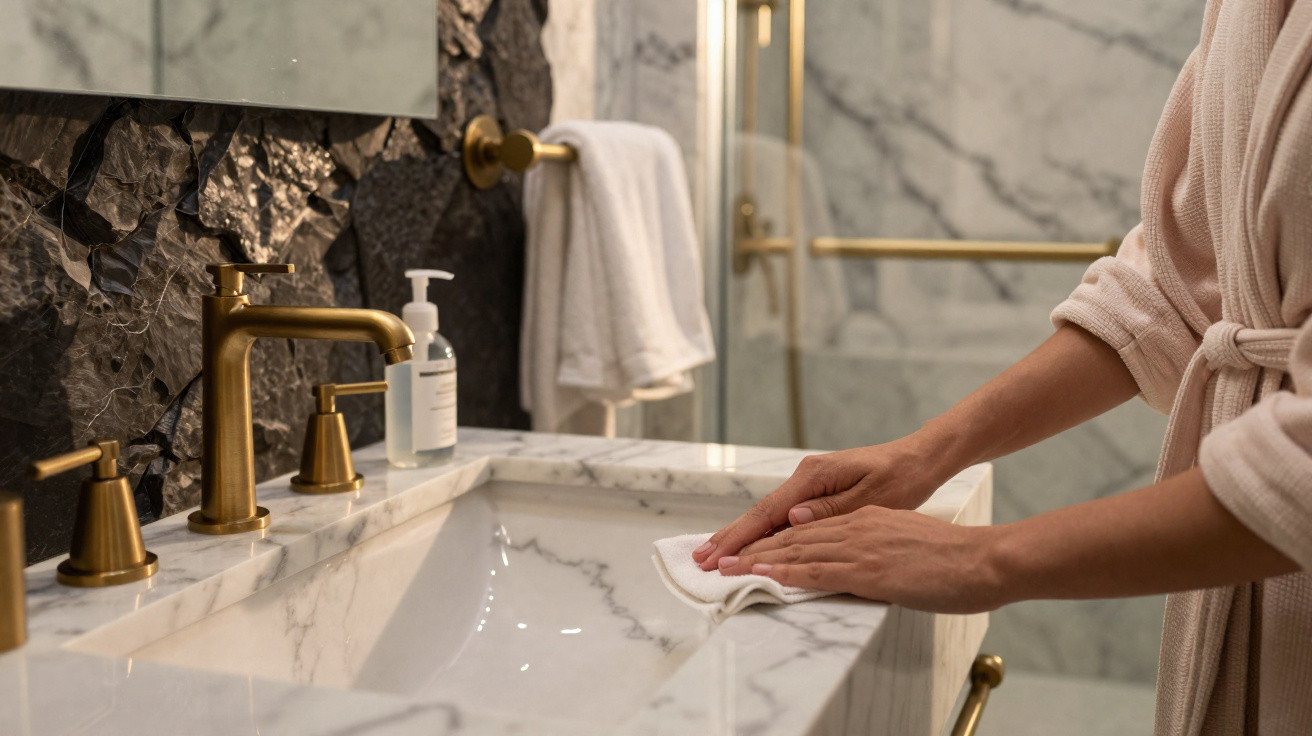 Person cleaning a marble bathroom sink with a white cloth, featuring gold fixtures and a towel in the background.