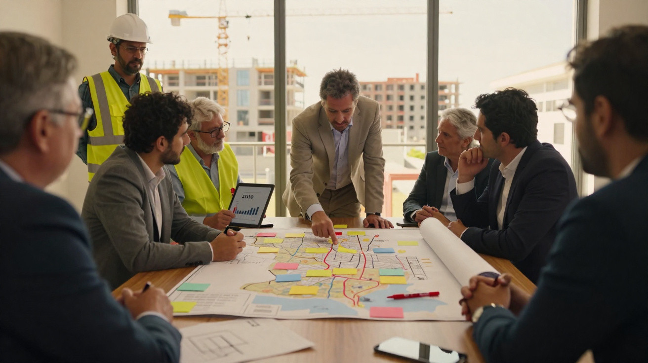 Team of professionals, including engineers and architects, discussing a construction plan around a table with blueprints.