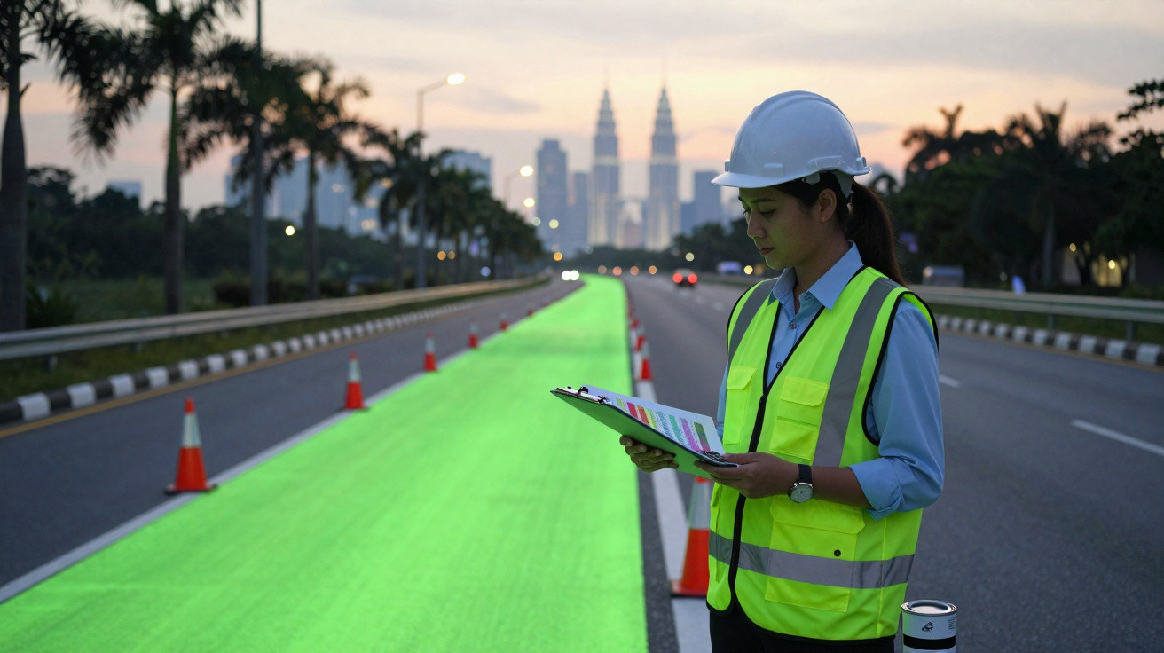 Woman engineer in a safety vest and helmet examining documents by a green-painted road lane with city skyline in the backgrou