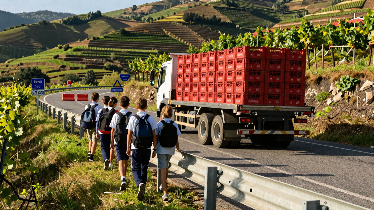 Group of schoolchildren walking along a roadside near vineyards with a red crate-loaded truck driving past.