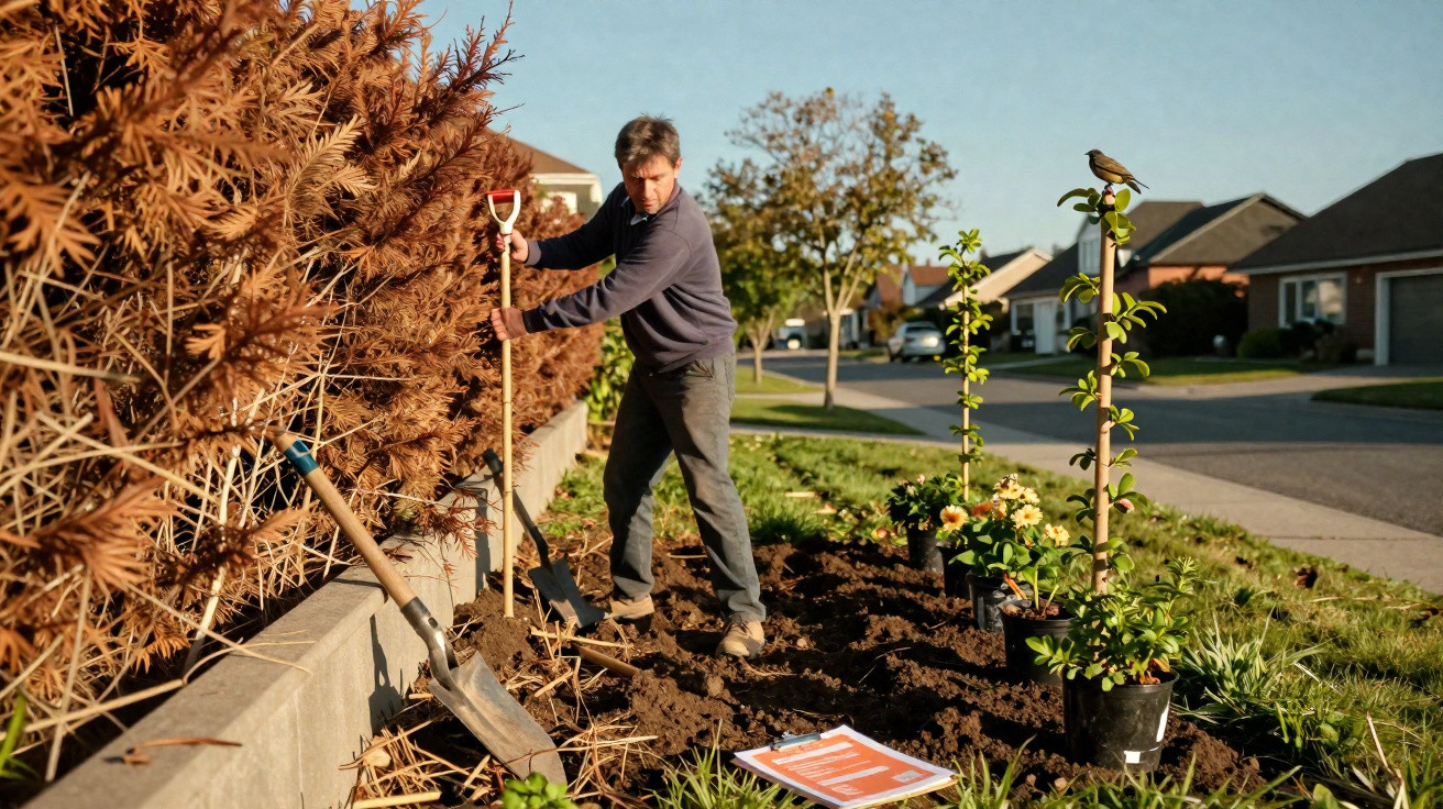 Man digging soil in garden bed next to dead shrubs in a residential neighbourhood at sunset.