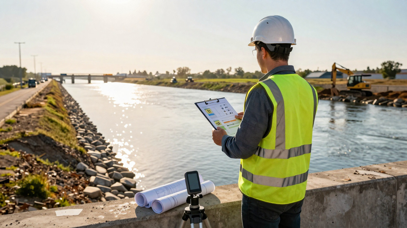 Construction worker in high-visibility vest and helmet examining plans by a riverbank under bright sunlight.