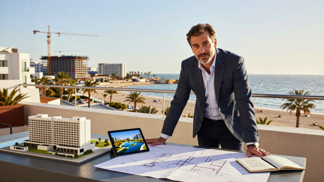 Architect in suit reviewing building model and blueprints on terrace overlooking beach and ocean.