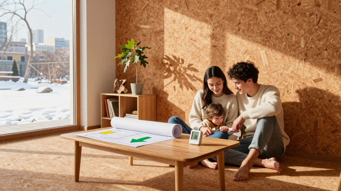 Family of three sitting on wooden floor in sunny room with blueprint and digital device on table nearby.