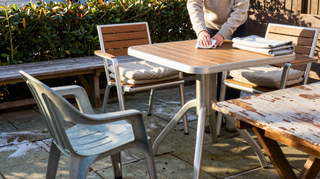 Person wiping an outdoor wooden table surrounded by chairs and garden furniture on a sunny day.