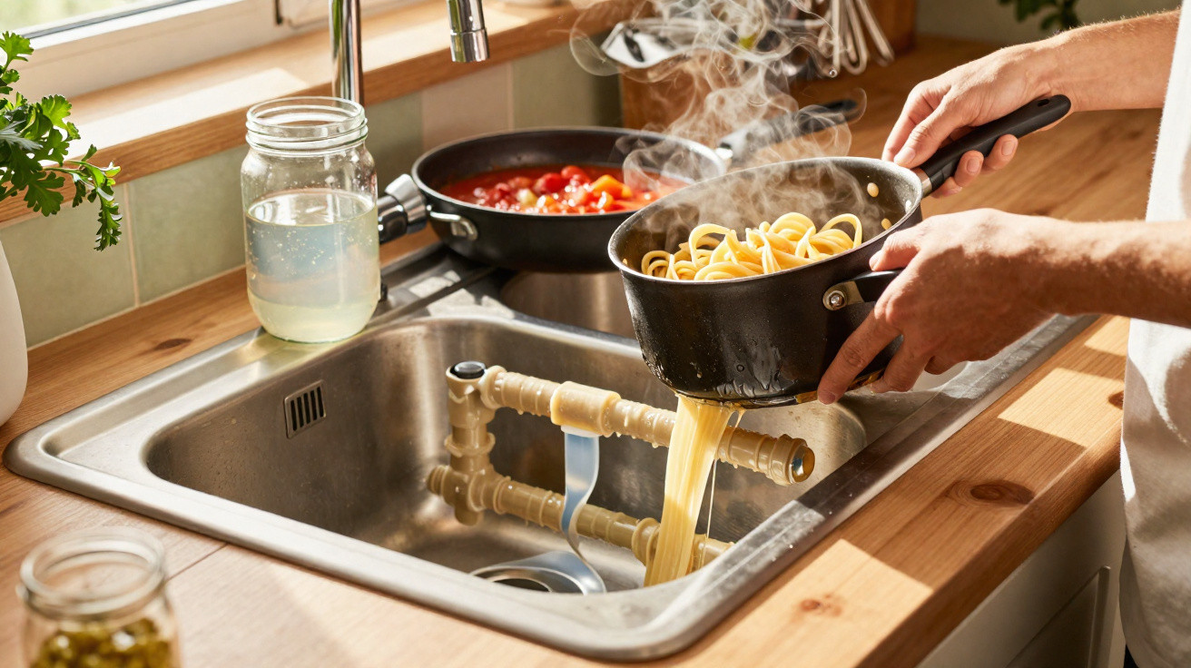 Person draining steaming cooked pasta into kitchen sink with pot of tomato sauce on the counter.