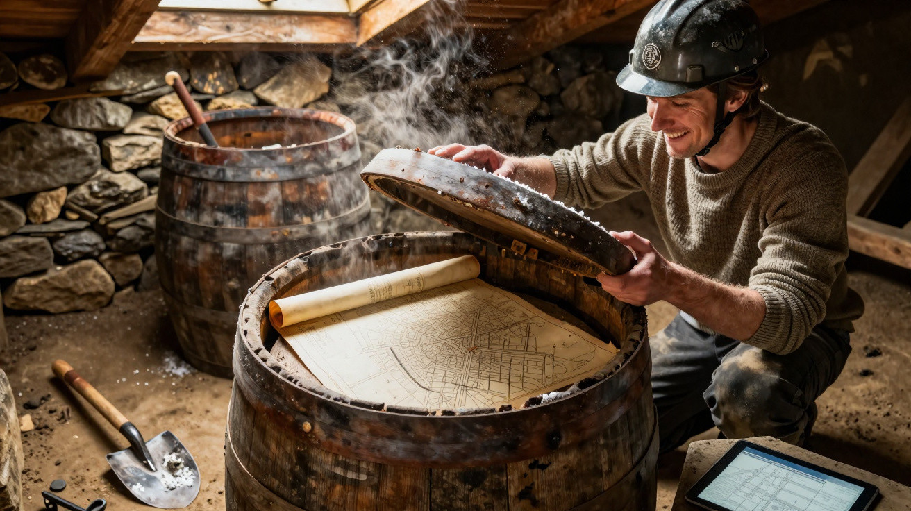 Man in helmet lifting barrel lid revealing steaming rolled map inside in a rustic stone room.