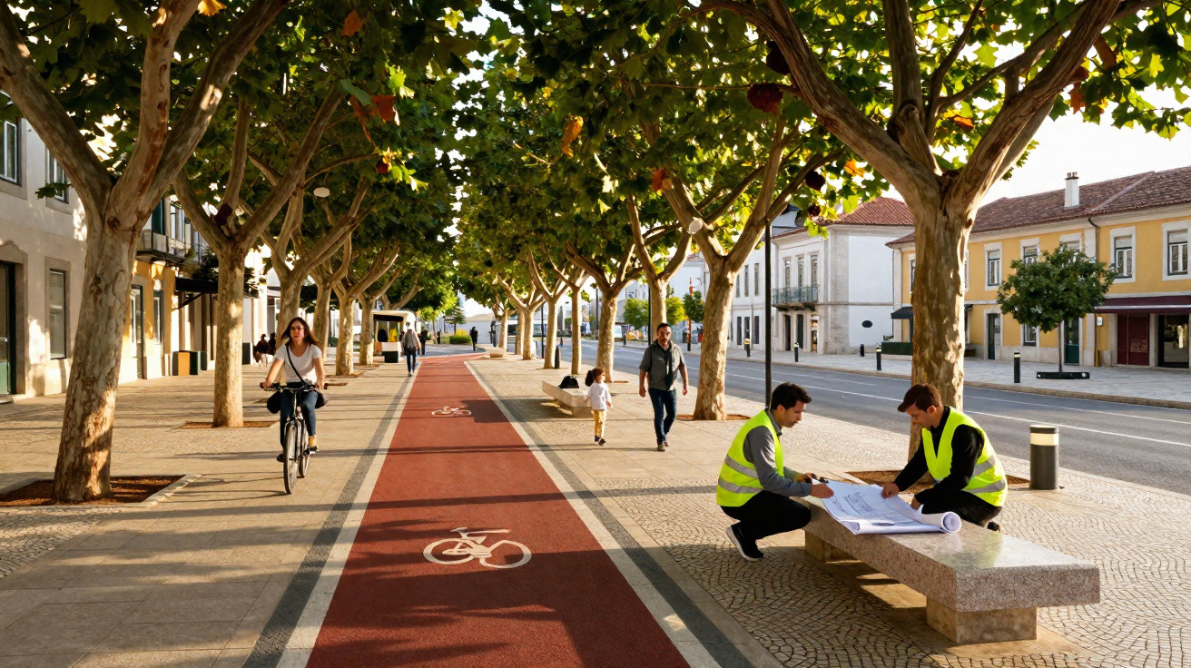 People walking and cycling along a tree-lined red bike lane and path in a sunlit urban area with benches.