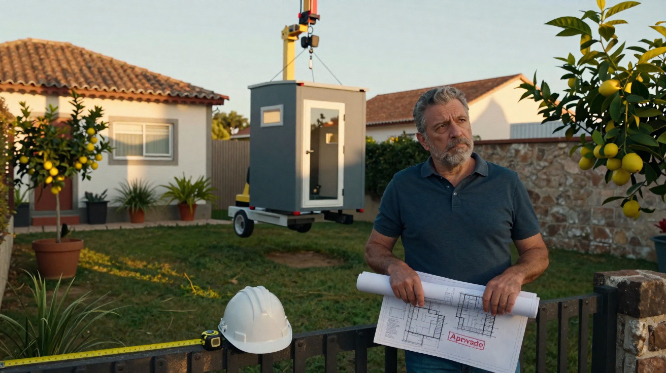 Man holding approved blueprints stands near fence with hard hat, while a small building is lifted by crane.