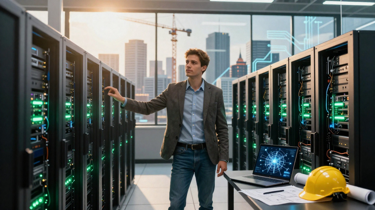 Man in blazer checking servers in data centre with city skyline visible through large windows
