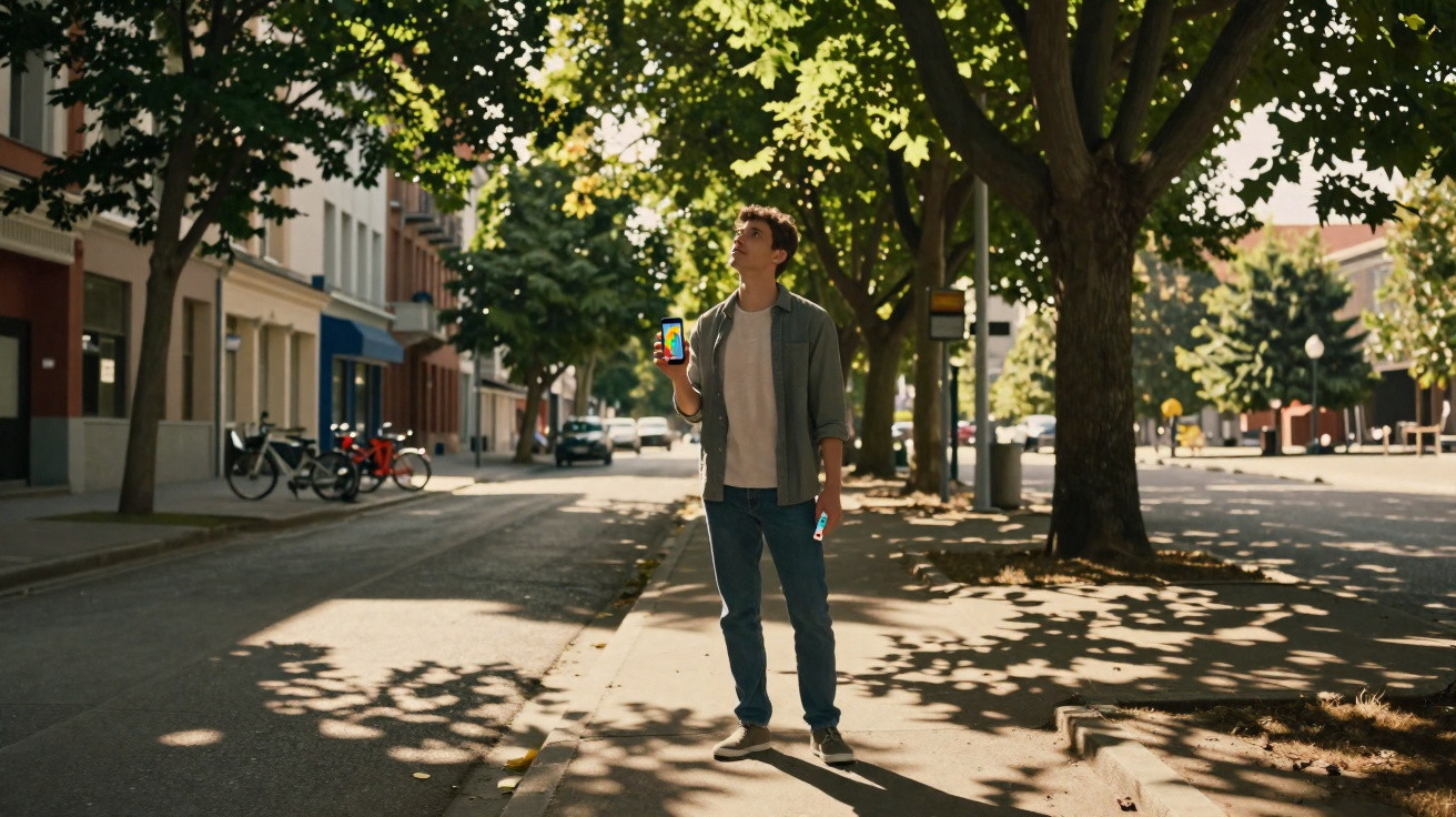 Young man standing on a tree-lined street holding a smartphone and looking upwards on a sunny day.
