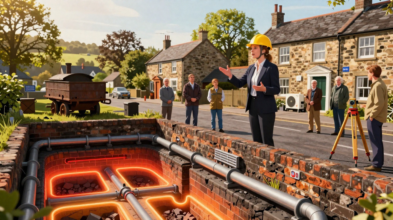 Engineer wearing a hard hat explaining underground pipe system to a group in a village street near stone houses.
