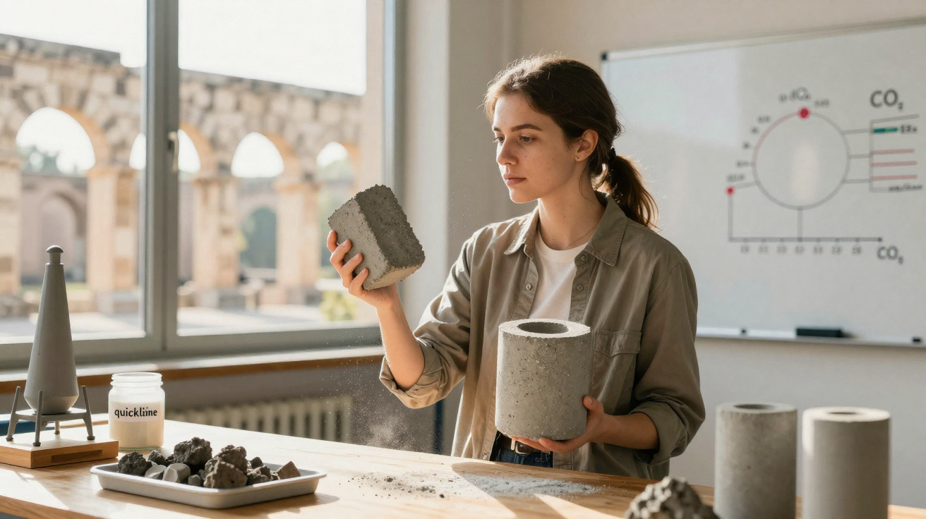 Woman examining concrete samples in a sunlit laboratory with scientific diagrams on a whiteboard behind her.