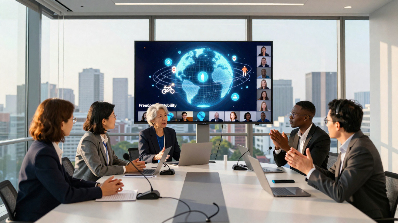 Diverse business team in a modern office discussing global connectivity on a video conference call.