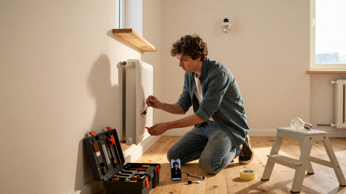 Man repairing a radiator in a room while video calling on his smartphone with tools and a step ladder nearby.