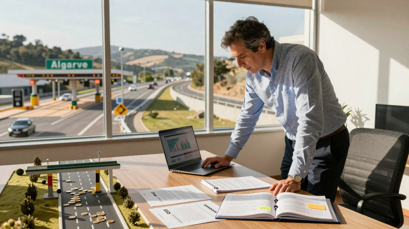 Man analysing data on laptop and documents in office with road model and highway view through window.