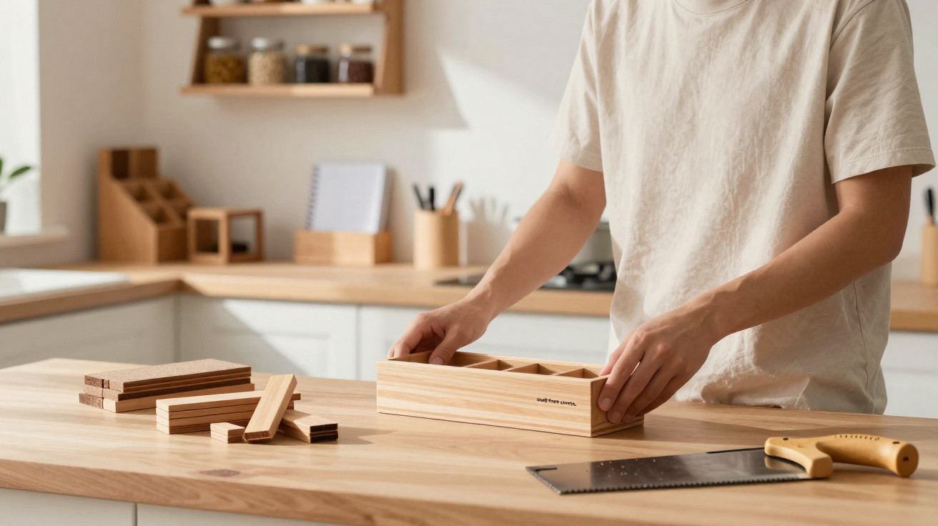Person assembling wooden box on a kitchen countertop next to a handsaw and wood pieces.
