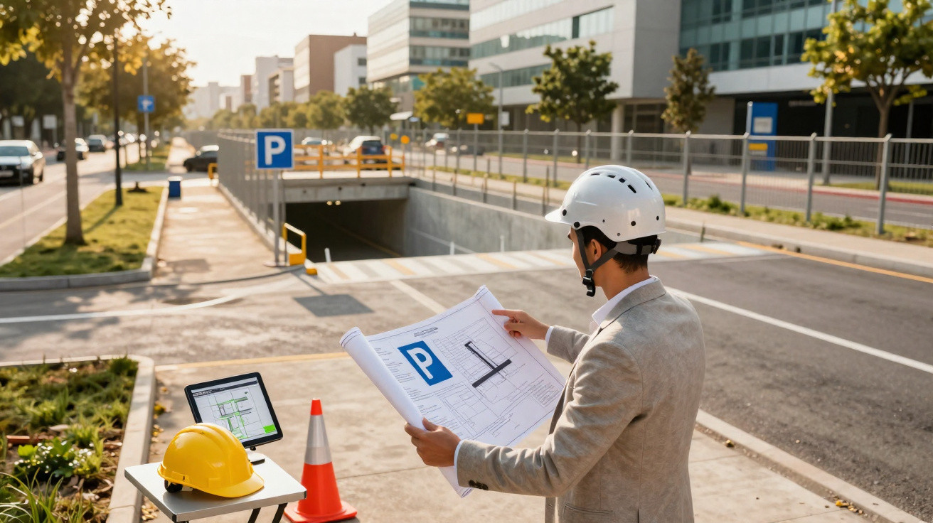 Engineer in white helmet reviewing parking structure blueprints near underground parking entrance on city street.