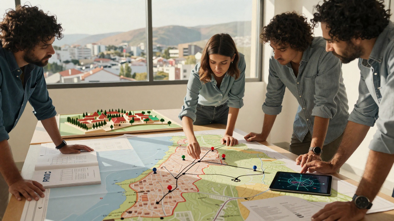 Team of four people planning a route using a large map with pins and lines on a table by a window.