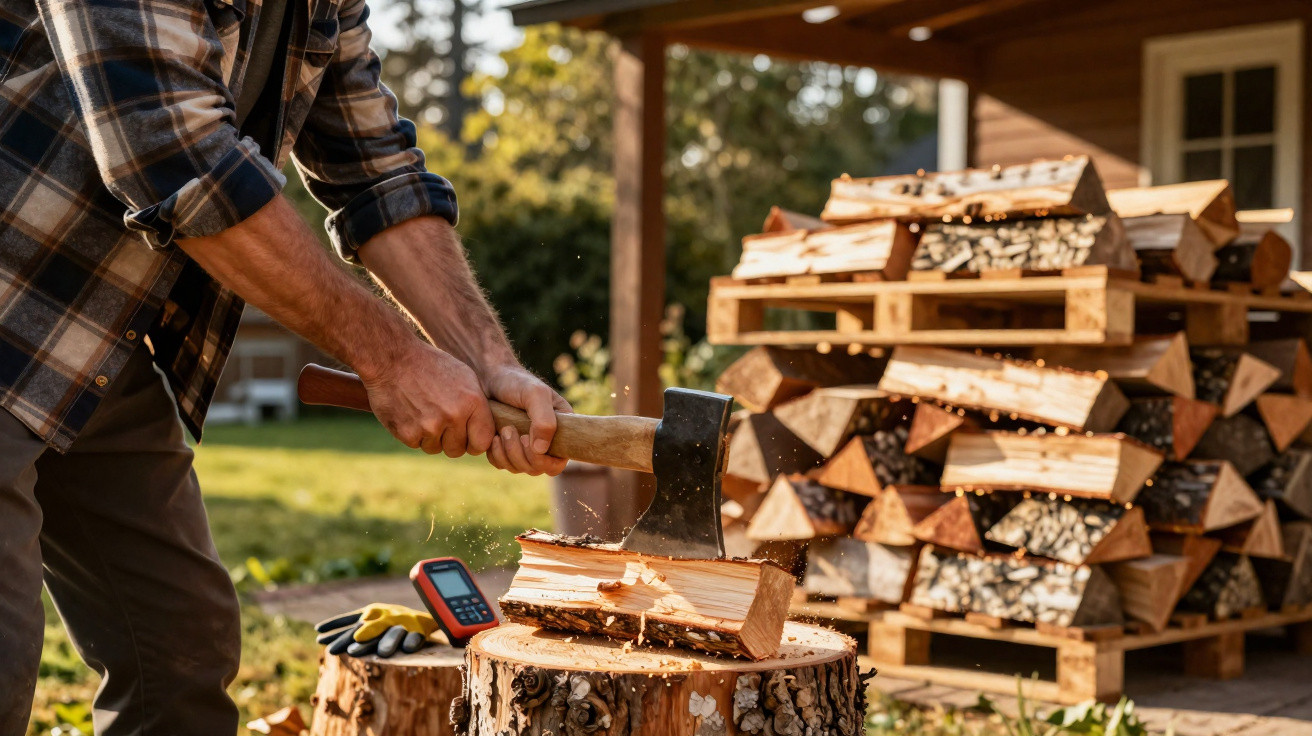 Person chopping firewood with an axe outdoors next to a large stack of split logs.