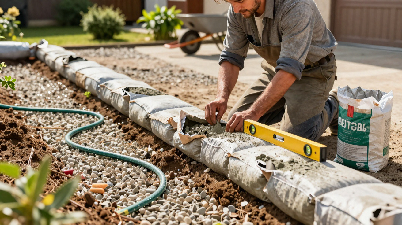 Man kneeling outdoors using a spirit level to install sandbags as a garden border on a gravel path.