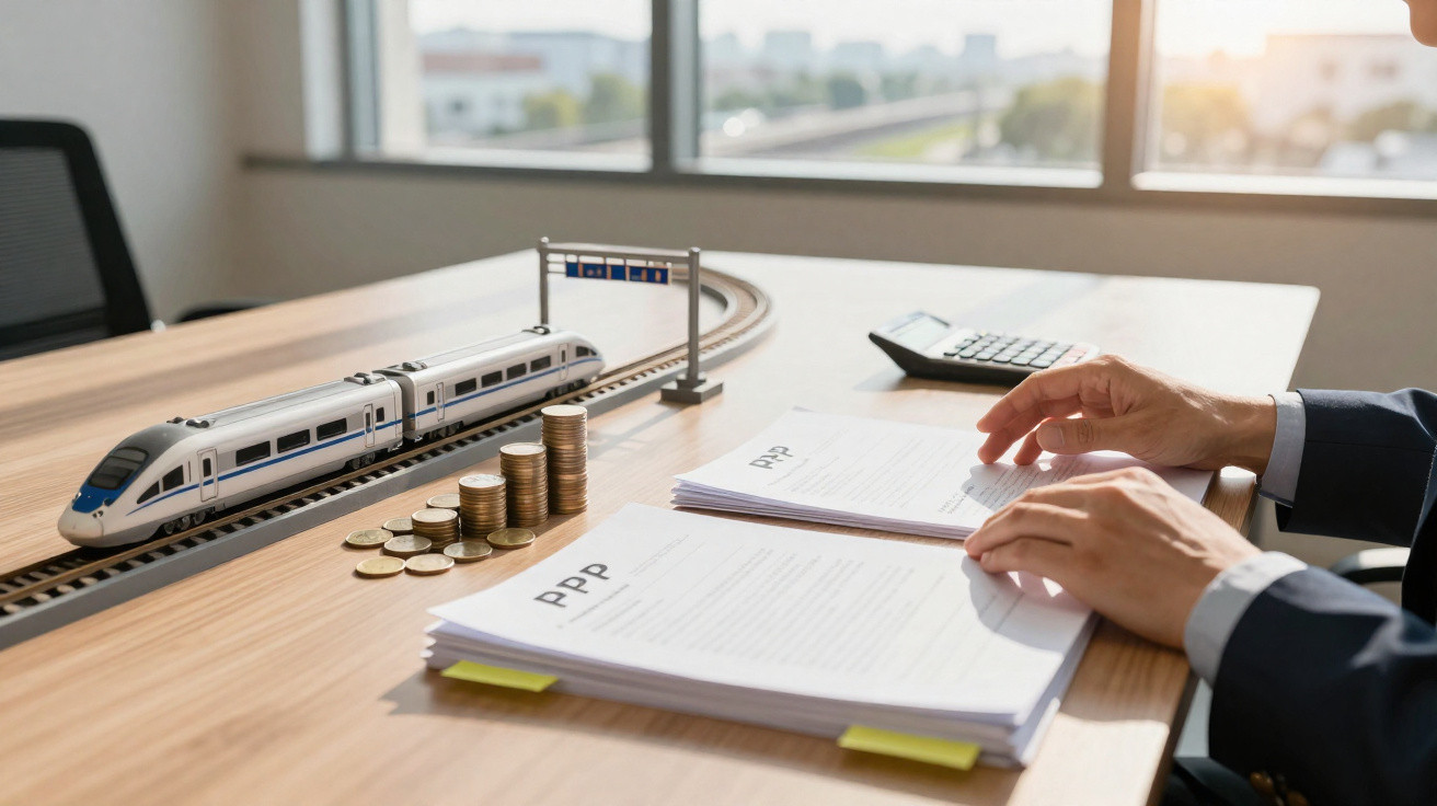 Person reviewing PPP documents at desk with model train, stacked coins, and calculator in bright office.