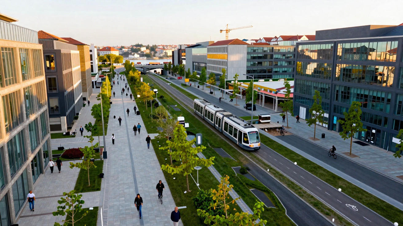 Modern urban street with tram tracks, cyclists, pedestrians, office buildings, and trees in the evening light.