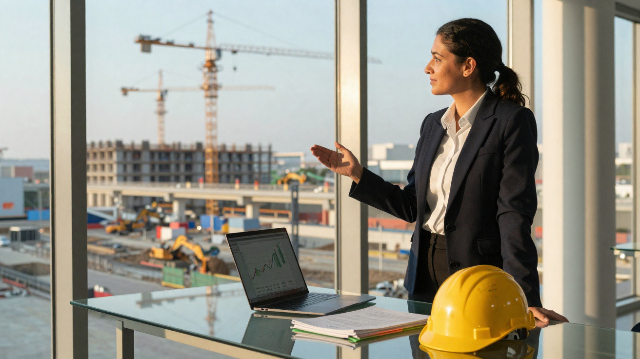 Businesswoman standing by a desk with laptop and yellow hard hat, overlooking a construction site through large windows.
