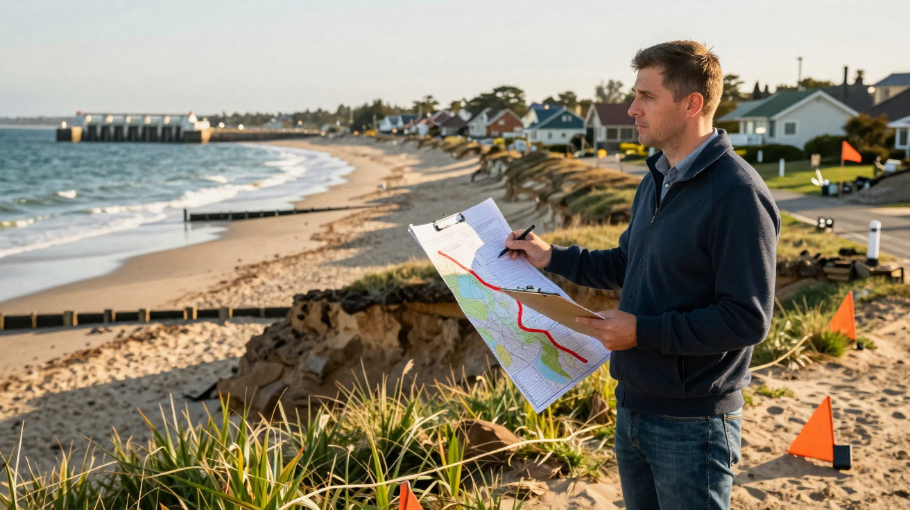 Man studying a map on a clipboard at a coastal erosion site marked with orange flags near houses by the sea.