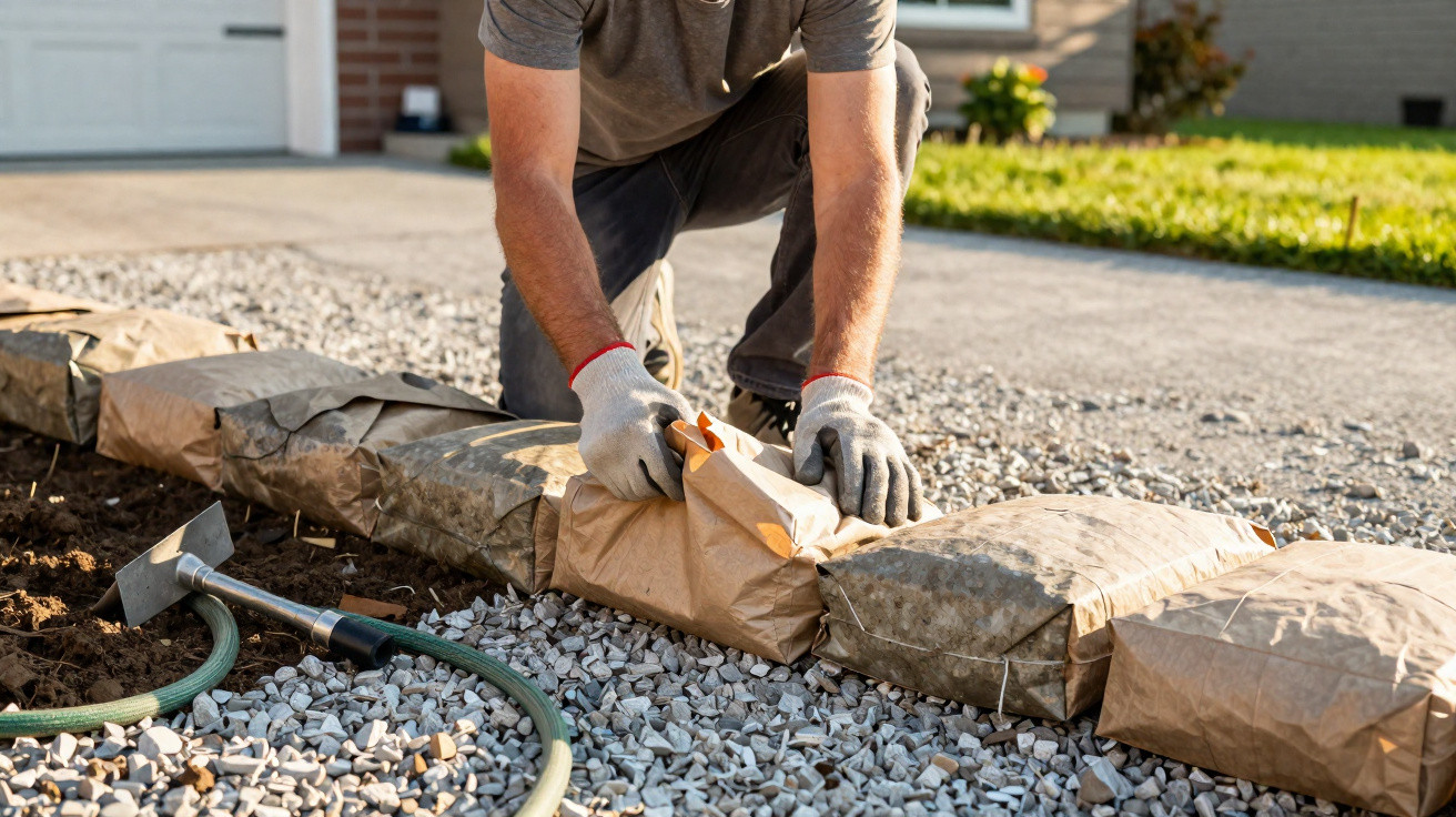 Person kneeling on gravel driveway, opening a bag of landscaping stones near a garden bed.