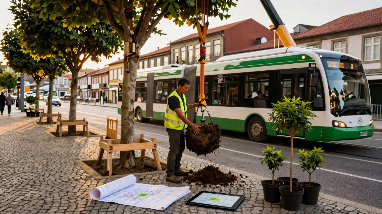 Worker in high-visibility vest guiding tree planting using crane on cobbled street beside a passing green and white bus.
