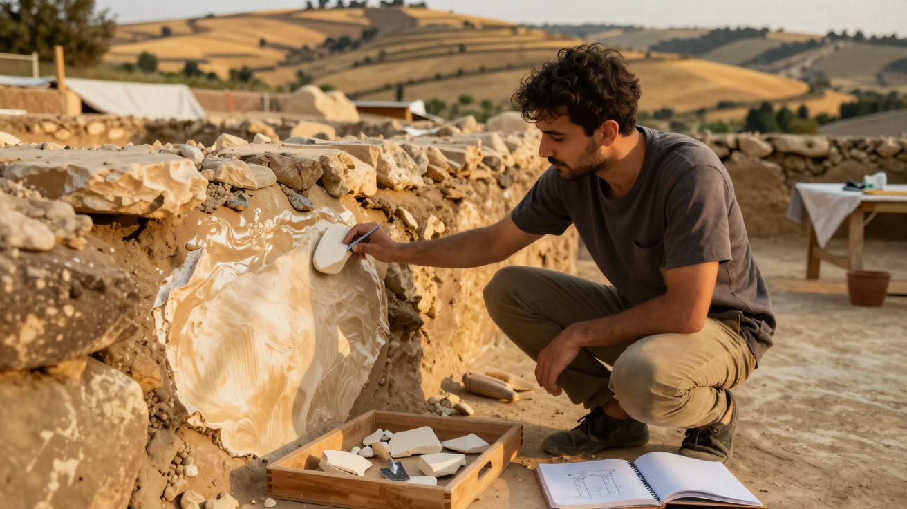 Archaeologist smoothing plaster on ancient stone wall with tools and notes in a rural excavation site.